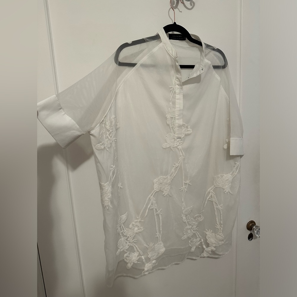 RELIGION oversized white mesh/embroidered mini dress -size XS